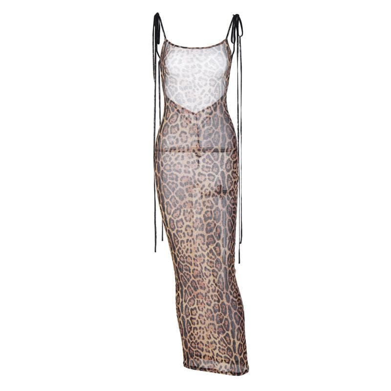 PRE ORDER - Mesh leopard print backless self tie ruched maxi dress - View 7