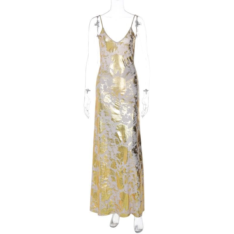 V neck backless metallic print contrast cami maxi dress - View 3