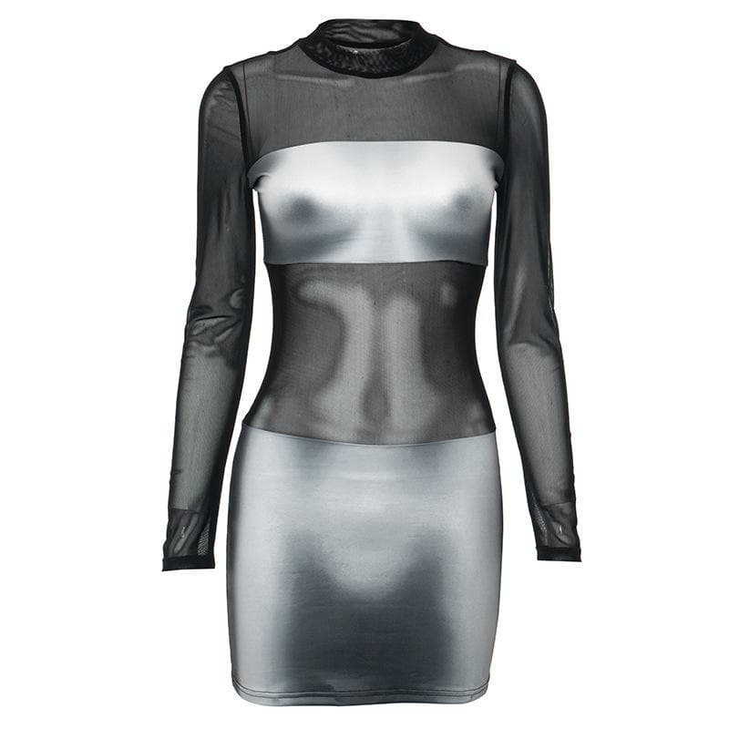 Body print mesh patchwork long sleeve contrast mini dress - View 2