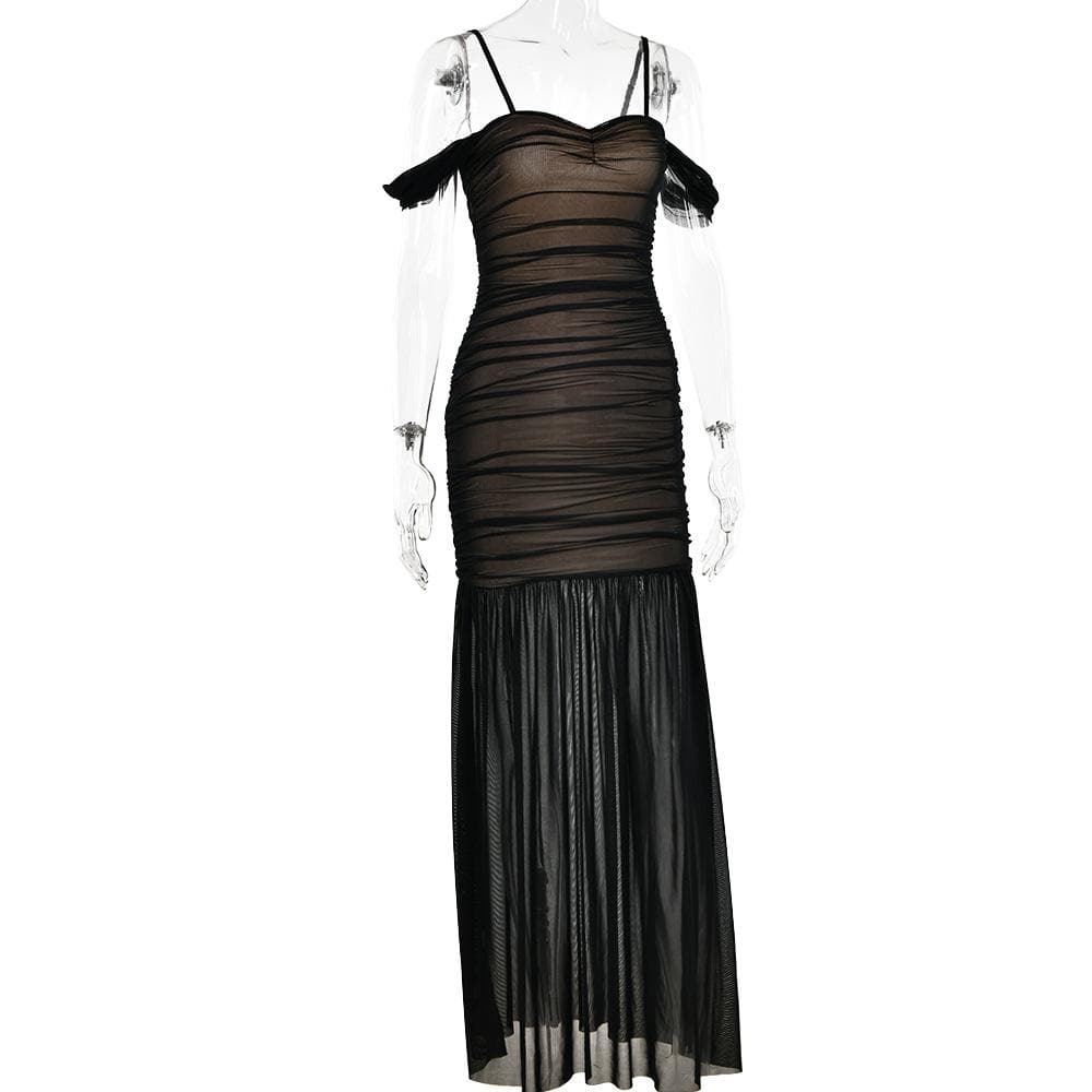 Mesh off shoulder ruched patchwork backless maxi dress - View 4