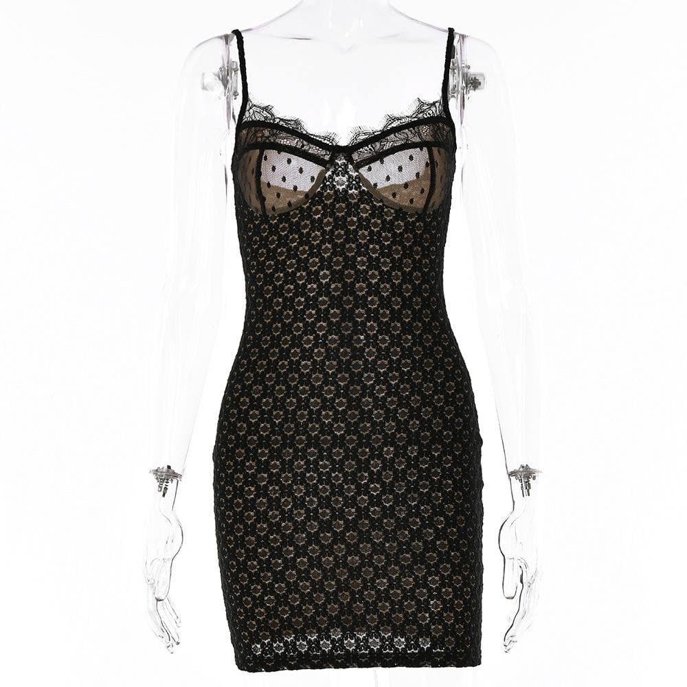 Mesh contrast lace hem zip-up backless cami mini dress - View 9