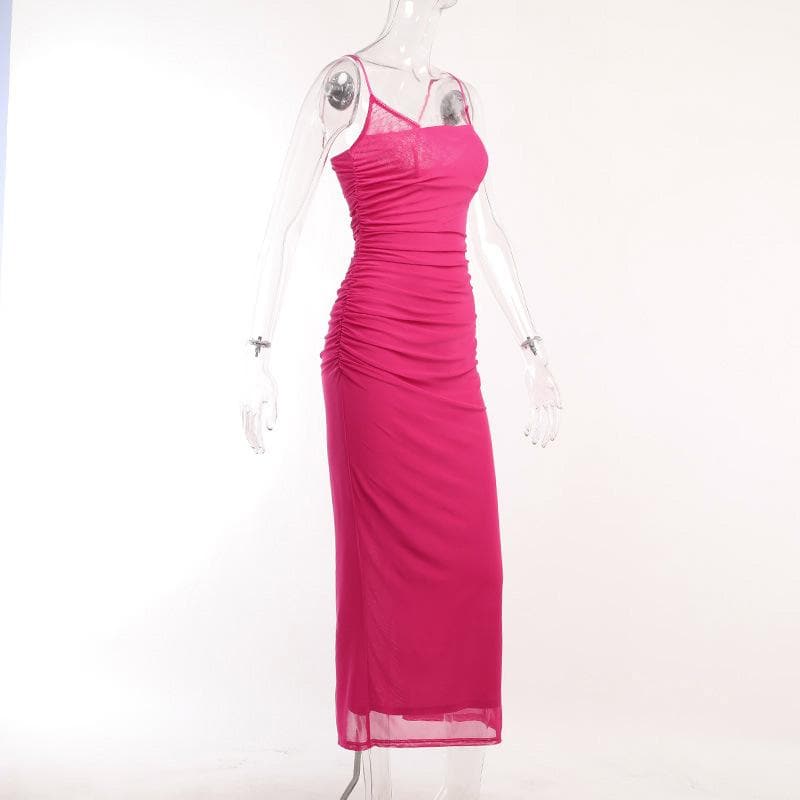 Mesh ruched slit square neck solid backless cami midi dress - View 4