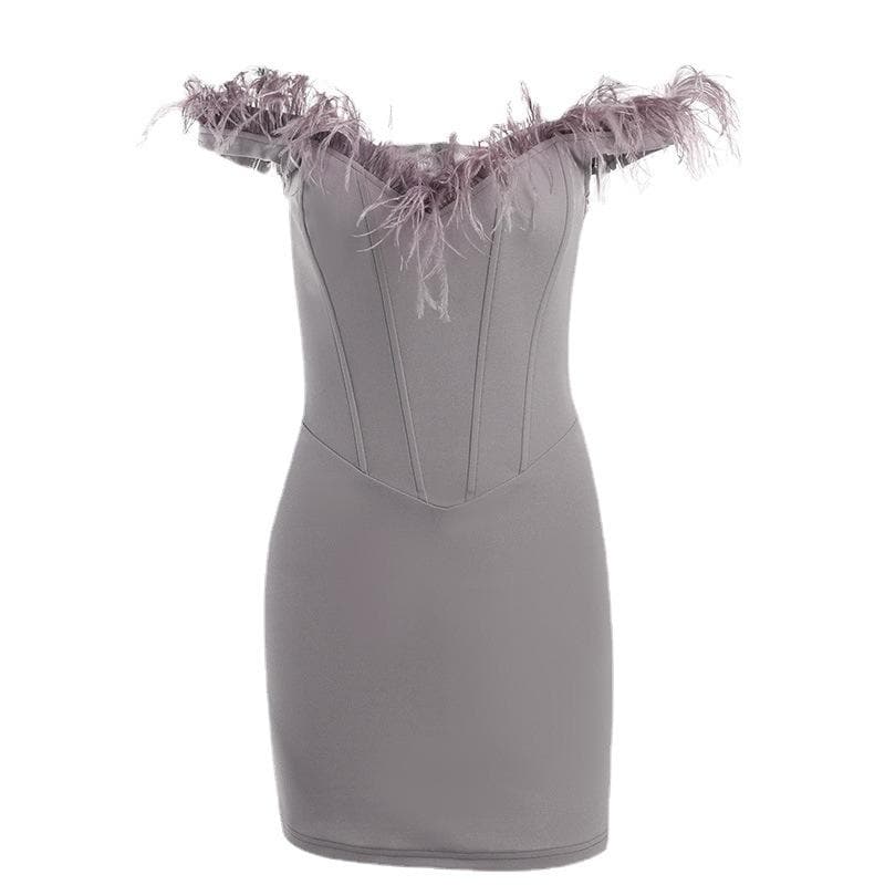 Feather Off Shoulder Sweetheart Corset Bodycon Mini Dress - View 2