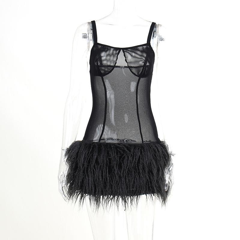 Mesh see through feather sleeveless backless mini dress - View 3