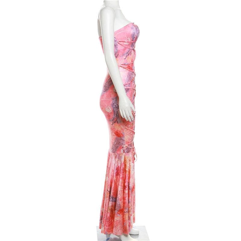 Lace up flower print contrast backless tube maxi dress - View 8