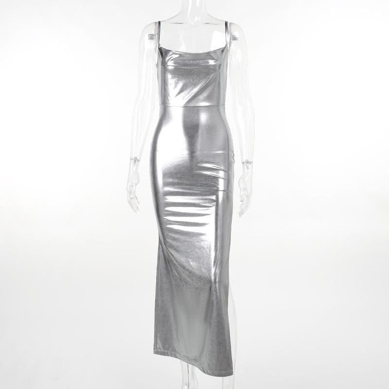 Cowl neck slit backless metallic cami midi dress - View 2