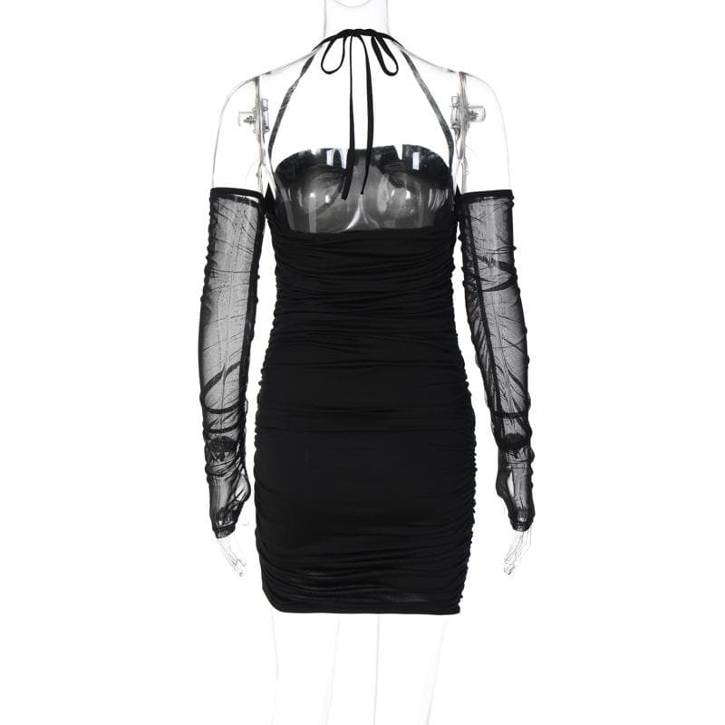 Mesh Glove Halter Neck Ruched Bodycon Mini Dress - View 5