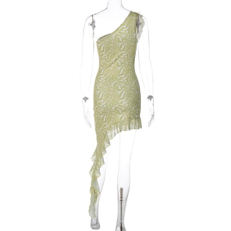 Mesh ripple contrast one shoulder irregular ruffle midi dress - View 4