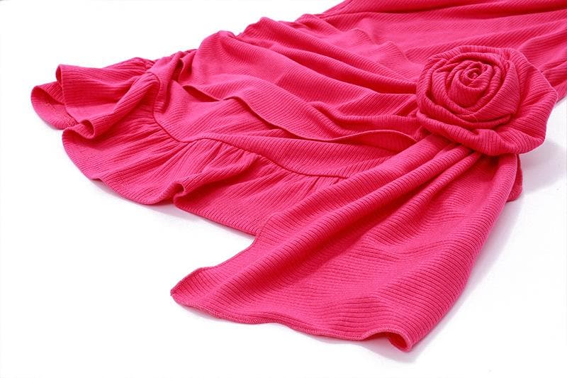 Ribbed Knit Sleeveless Flower Applique Ruffle Asymmetric Mini Dress - View 6