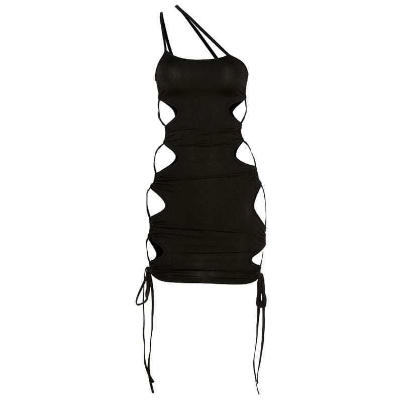 Hollow out one shoulder lace up drawstring low cut mini dress - View 2