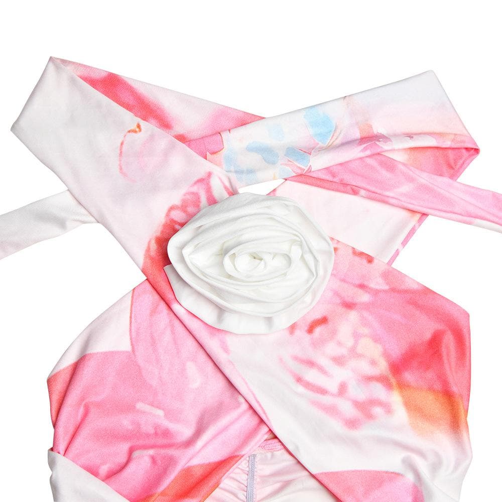 Tie Dye Halter Neck 3D Flower Cut Out Bodycon Mini Dress - View 5