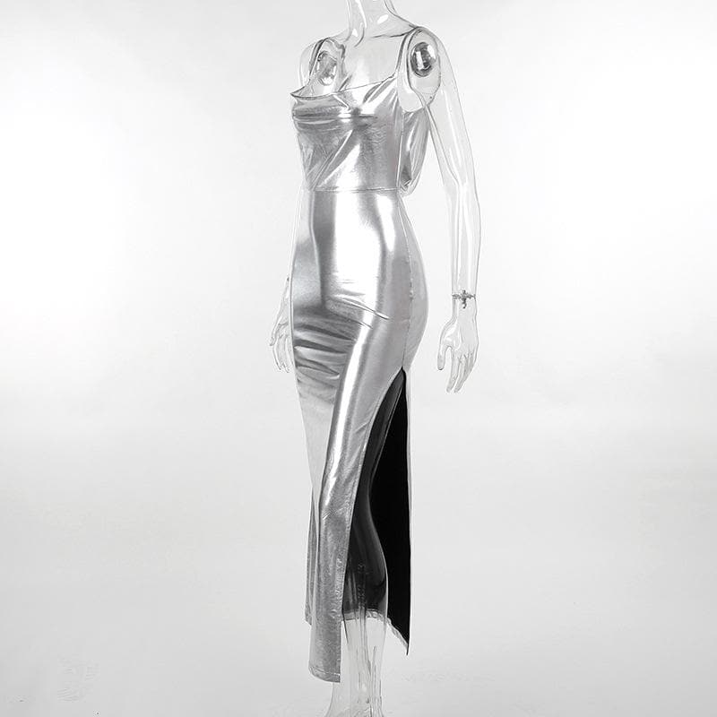 Cowl neck slit backless metallic cami midi dress - View 3