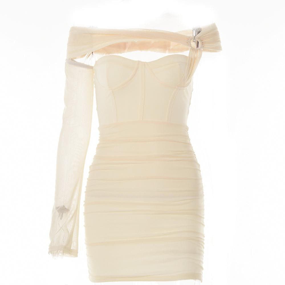 Solid one shoulder o ring hollow out mesh backless mini dress - View 10