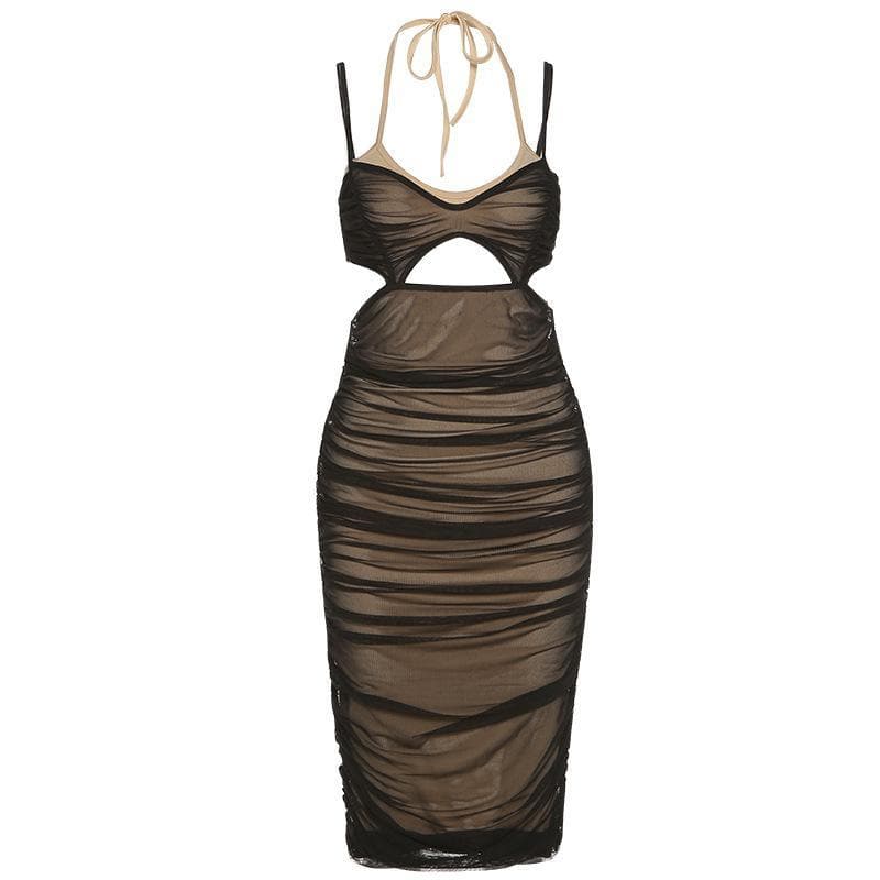 Mesh Halter Neck Cut Out Ruched Bodycon Midi Dress