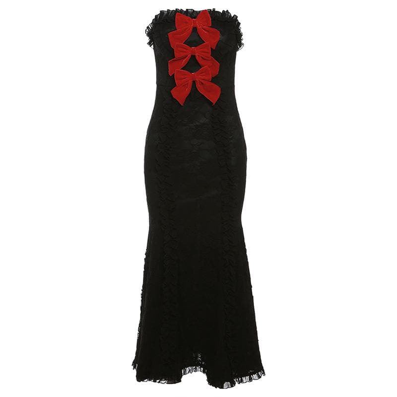 Lace contrast bowknot zip-up ruffle backless tube maxi dress - View 5