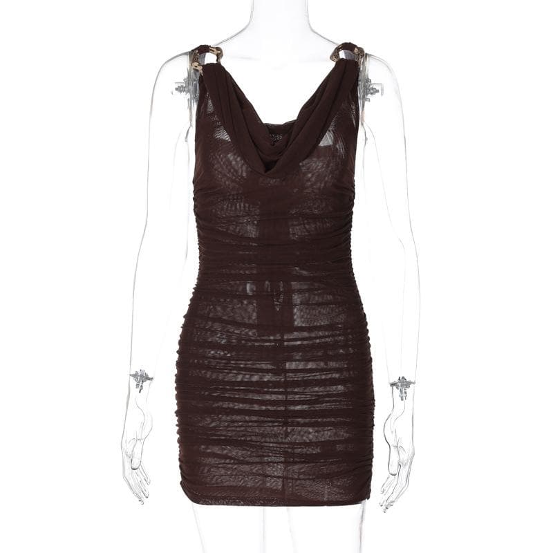 Cowl neck ruched o ring sheer mesh bowknot ribbon mini dress - View 5