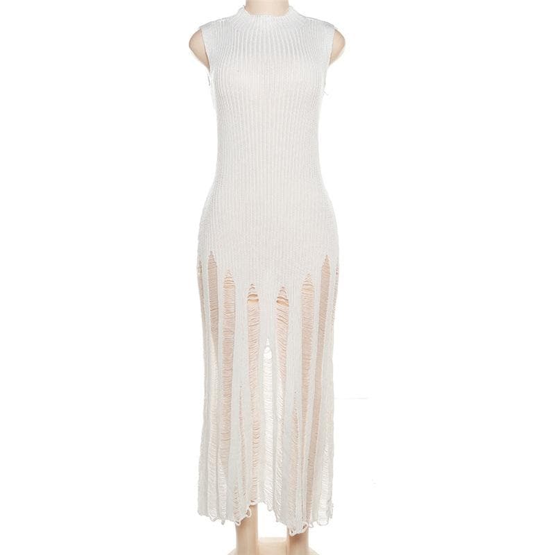 Ribbed Knit Mock Neck Sleeveless Distressed Shredded Maxi Dress - View 3
