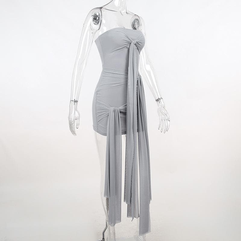 Solid mesh ruched self tie backless tube mini dress - View 7