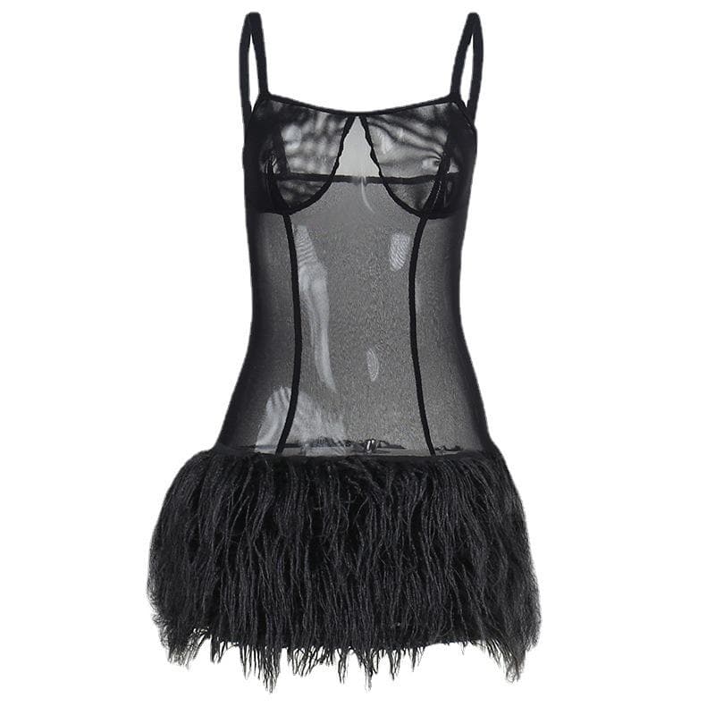 Mesh see through feather sleeveless backless mini dress - View 9