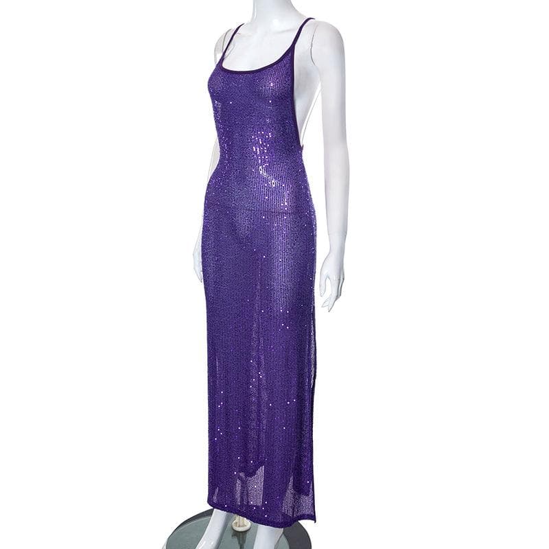 Glitter u neck see through backless cami maxi dress - View 4