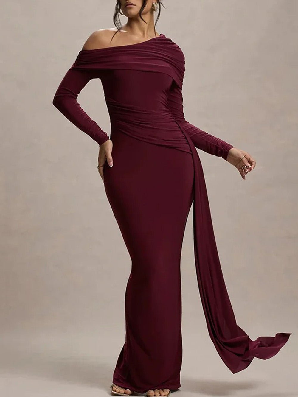 One Shoulder Long Sleeve Ruched Draped Bodycon Maxi Gown in Red