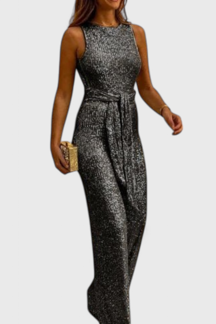 Round Neck Sleeveless Sequin Tie Waist Wide Leg Jumpsuit 6