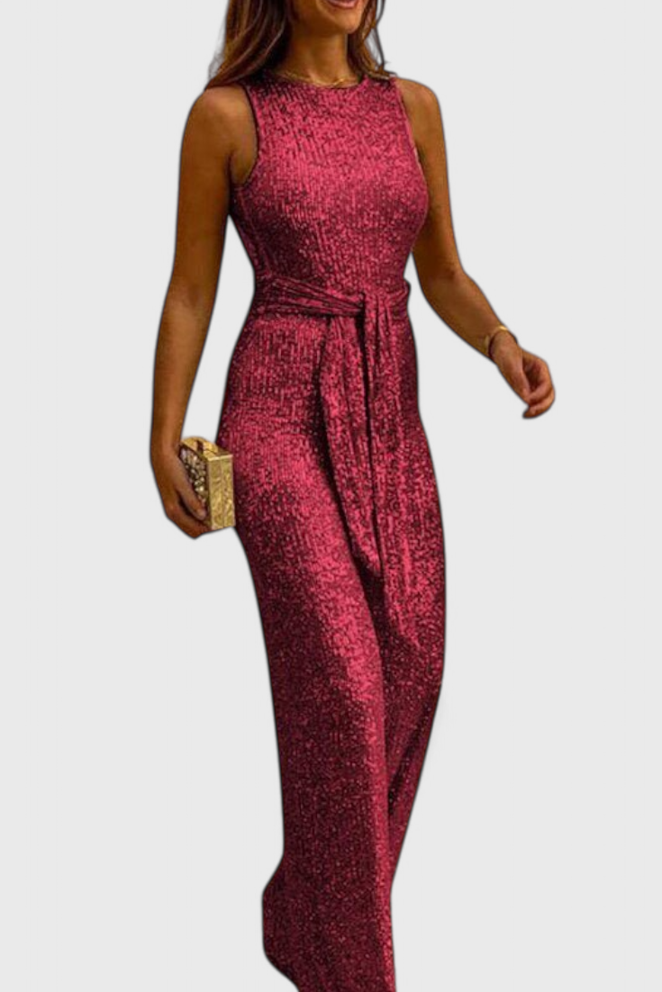 Round Neck Sleeveless Sequin Tie Waist Wide Leg Jumpsuit 5