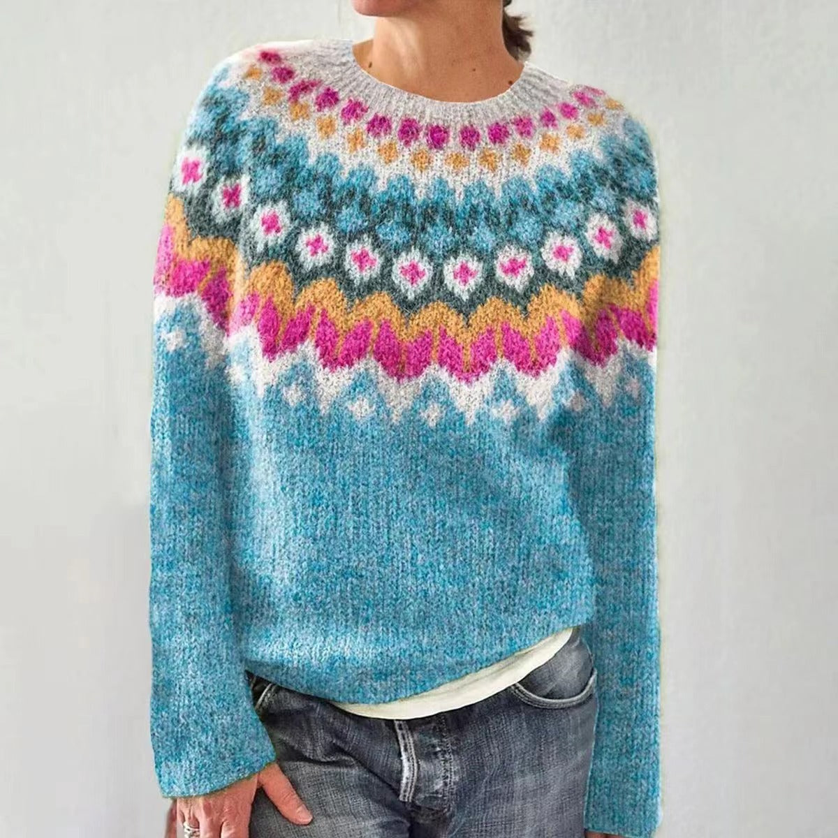 Crew Neck Fair Isle Knit Sweater 2