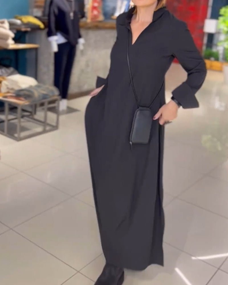 Stand Collar Deep V-Neck Long Sleeve Pocket Side Slit Maxi Dress - View 3