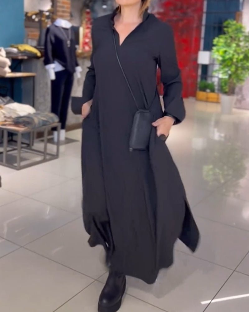 Stand Collar Deep V-Neck Long Sleeve Pocket Side Slit Maxi Dress