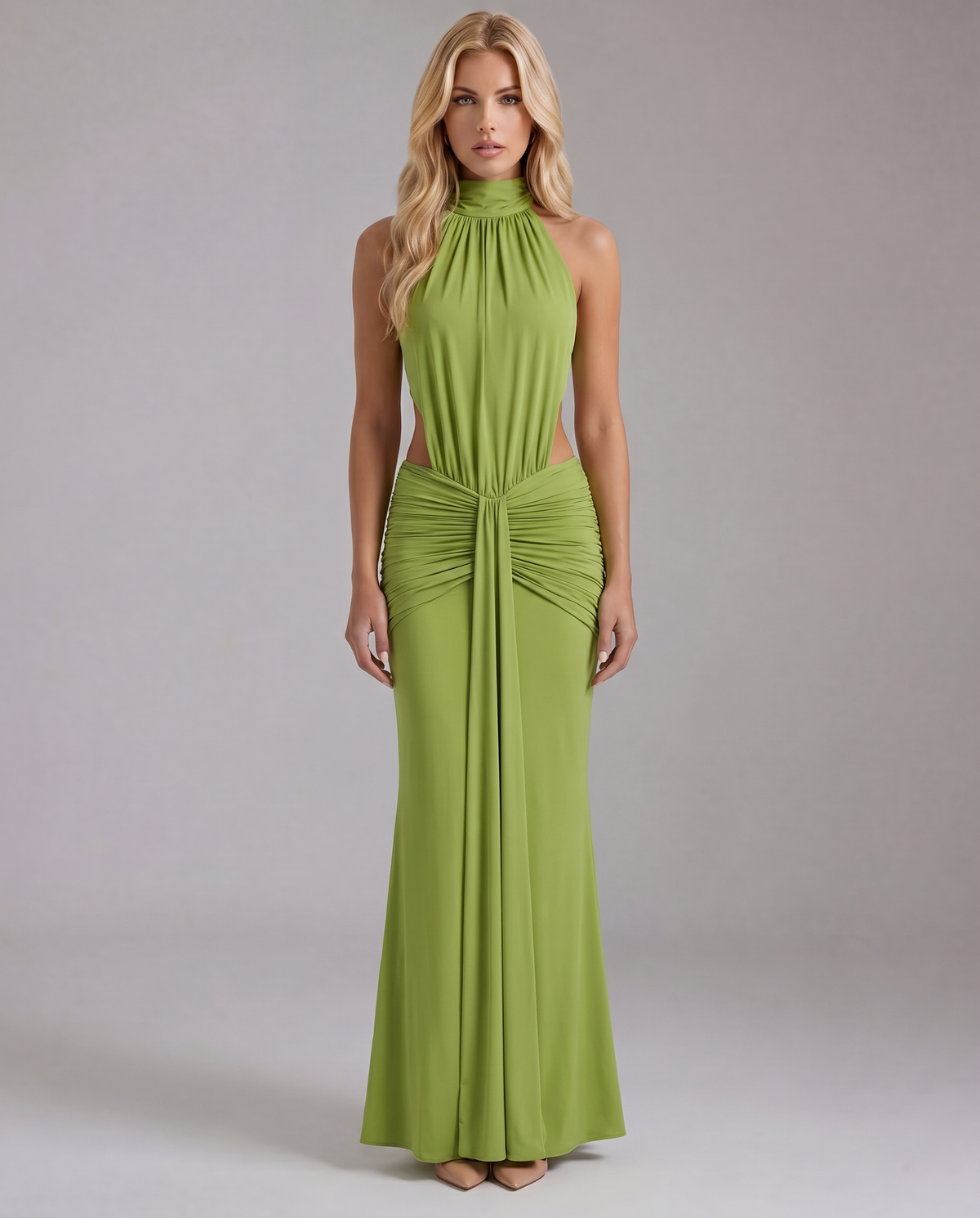 Halter Neck Cut Out Ruched Mermaid Maxi Dress
