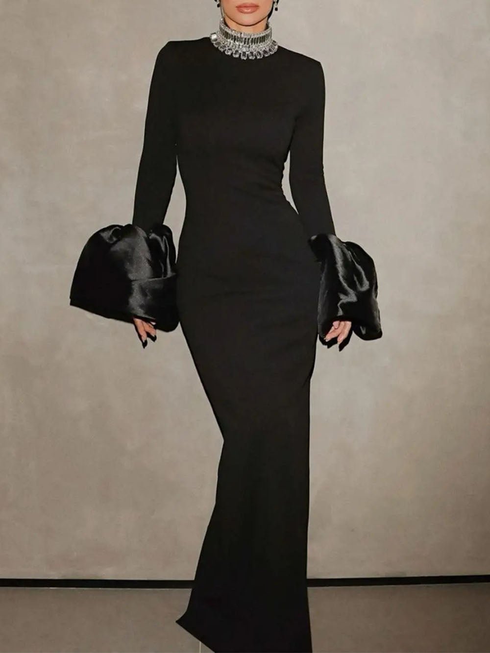 Rhinestone Collar Mock Neck Long Sleeve Satin Column Maxi Gown - View 3