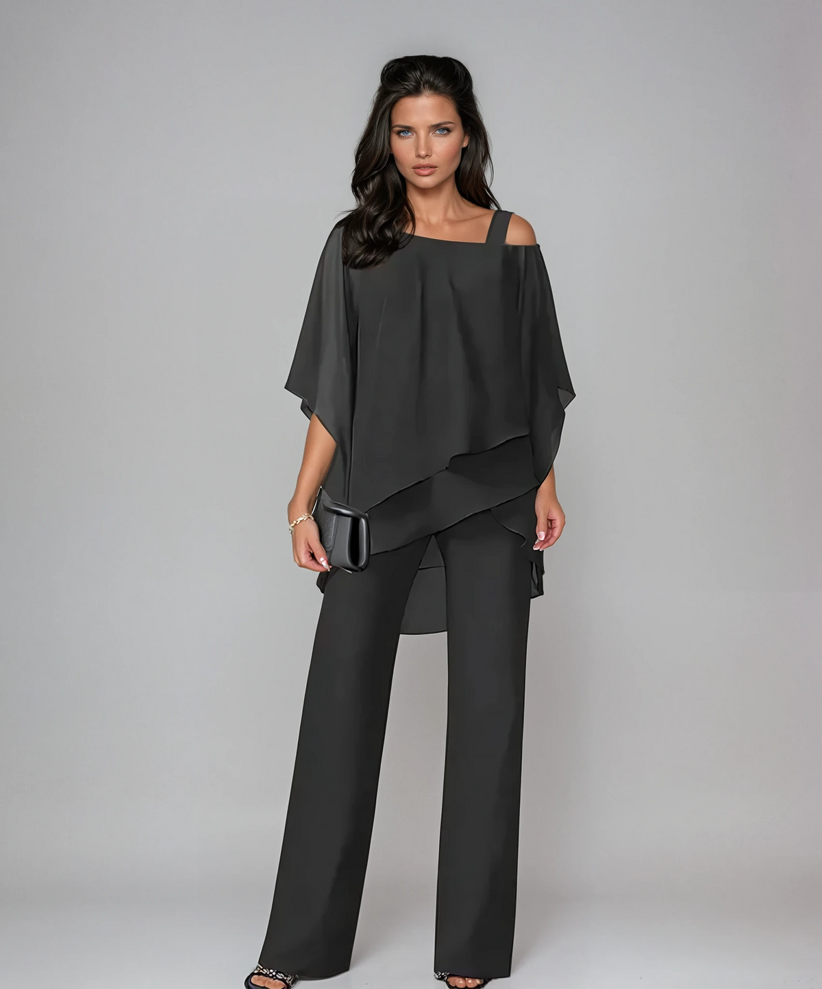 Cold Shoulder Cape Overlay Top and Wide Leg Pants Two Piece Set 3