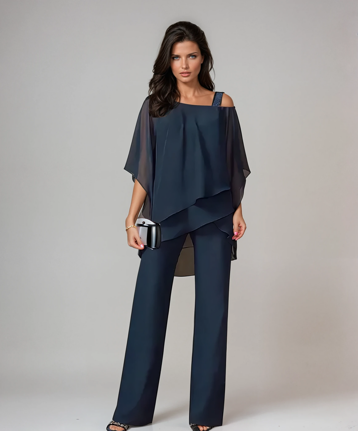 Cold Shoulder Layered Chiffon Top and Pants Two Piece Set 5