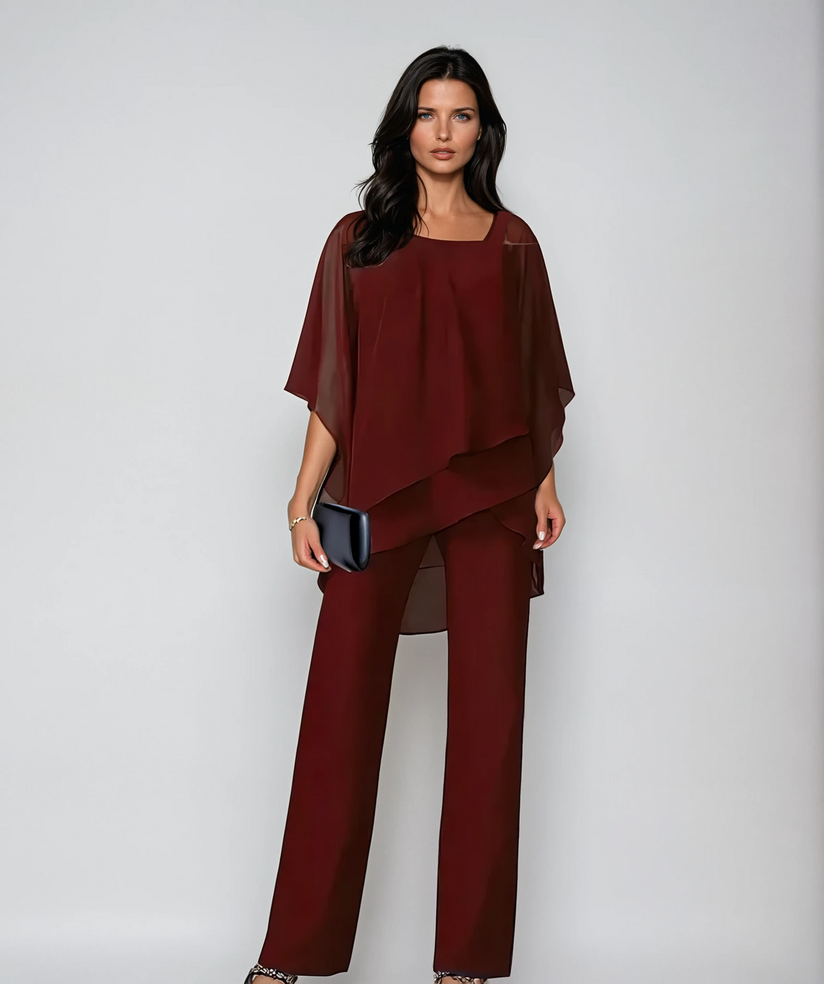 Cold Shoulder Layered Chiffon Top and Pants Two Piece Set 6