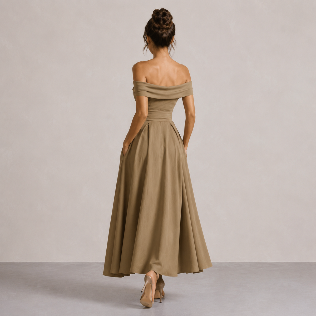 One Shoulder Pleated Waist Fit and Flare Maxi Dress 9