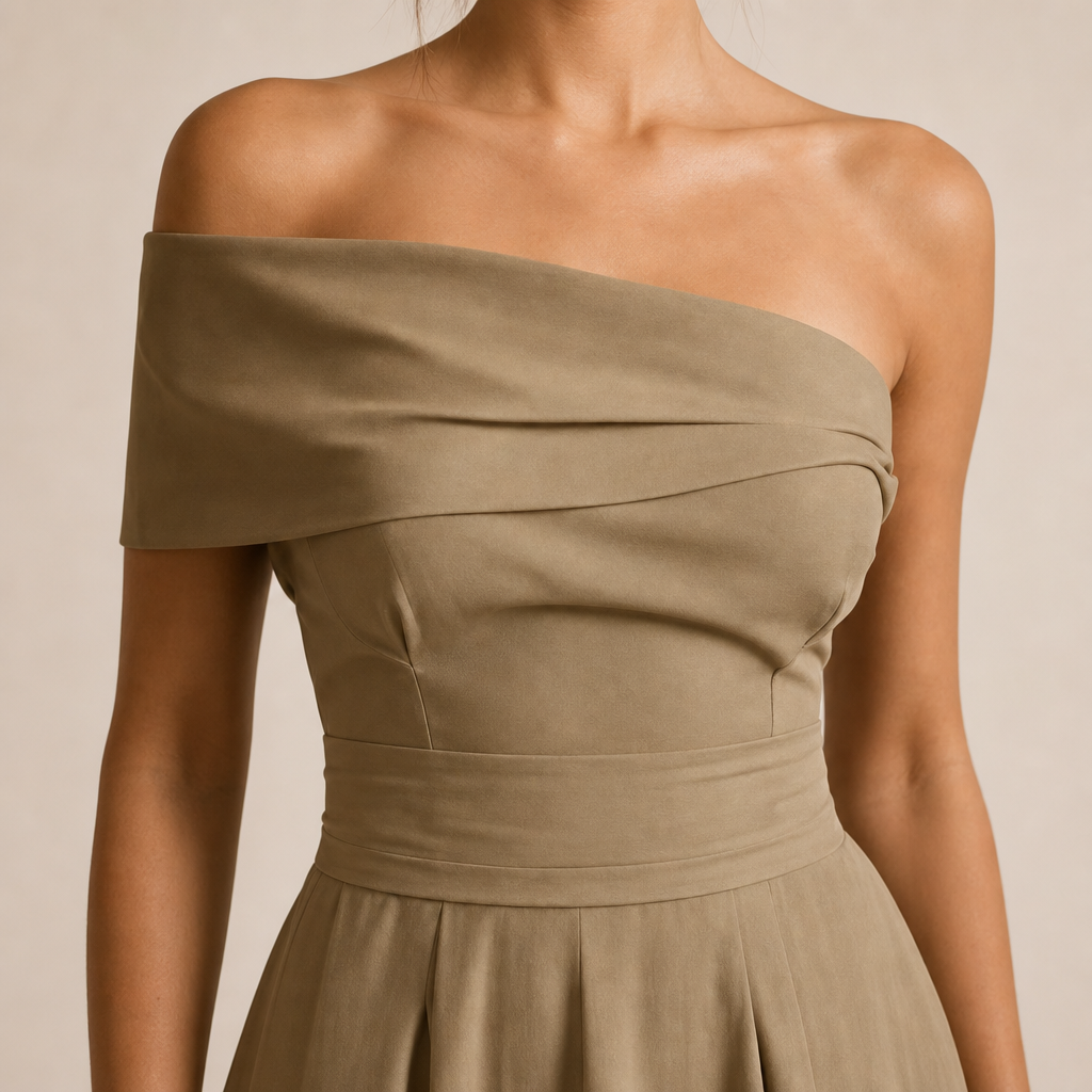 One Shoulder Pleated Waist Fit and Flare Maxi Dress 8