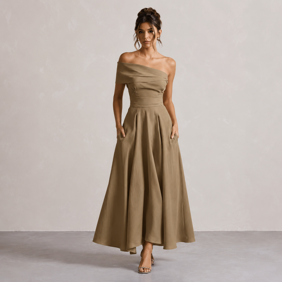 One Shoulder Pleated Waist Fit and Flare Maxi Dress 7