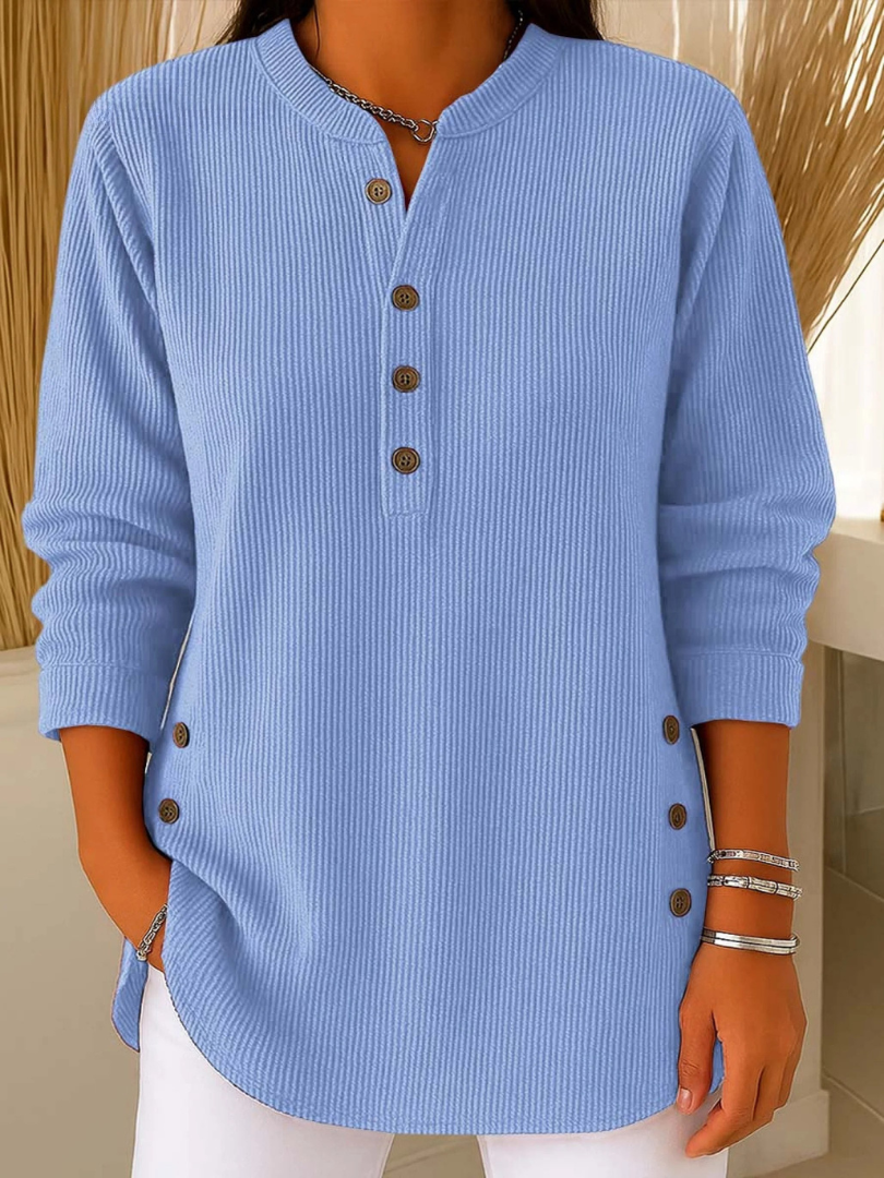 Ribbed Henley Neck Long Sleeve Button Detail Tunic Top 2
