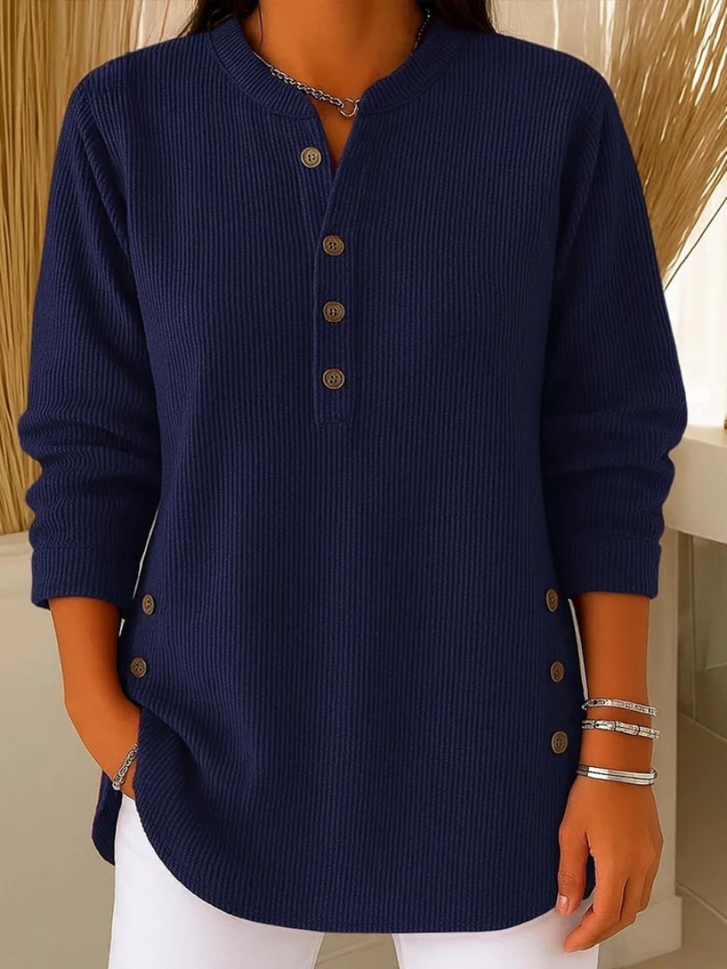 Ribbed Henley Neck Long Sleeve Button Detail Tunic Top 3