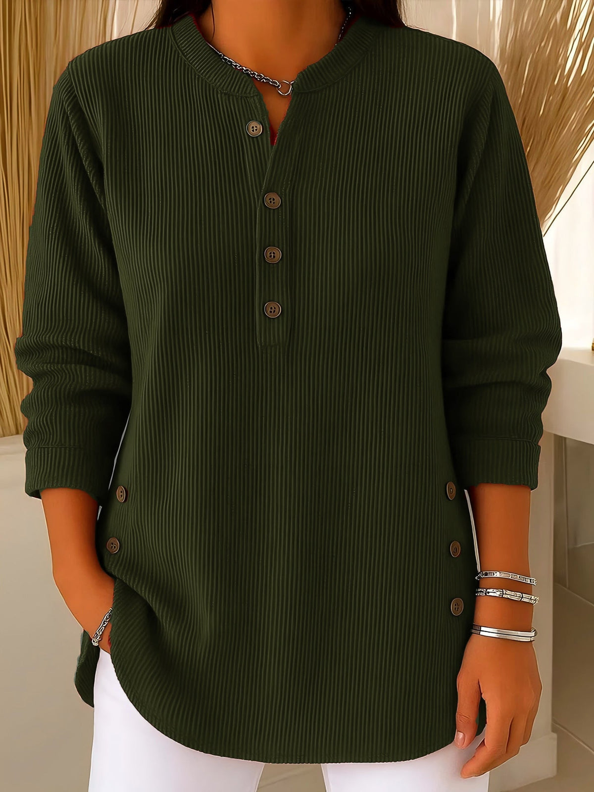 Ribbed Henley Neck Long Sleeve Button Detail Tunic Top 5