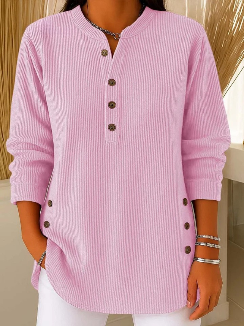 Ribbed Henley Neck Long Sleeve Button Detail Tunic Top 7