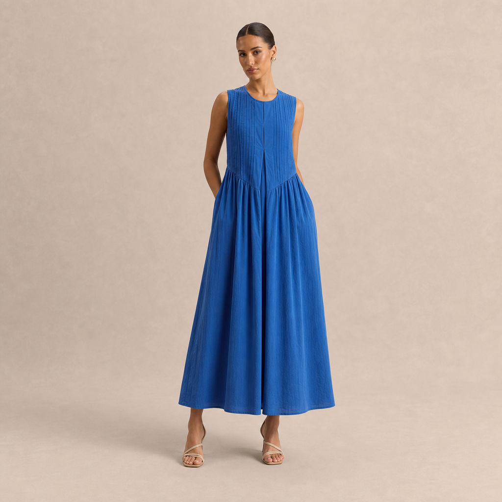 Crew Neck Sleeveless Pintuck A-Line Maxi Dress