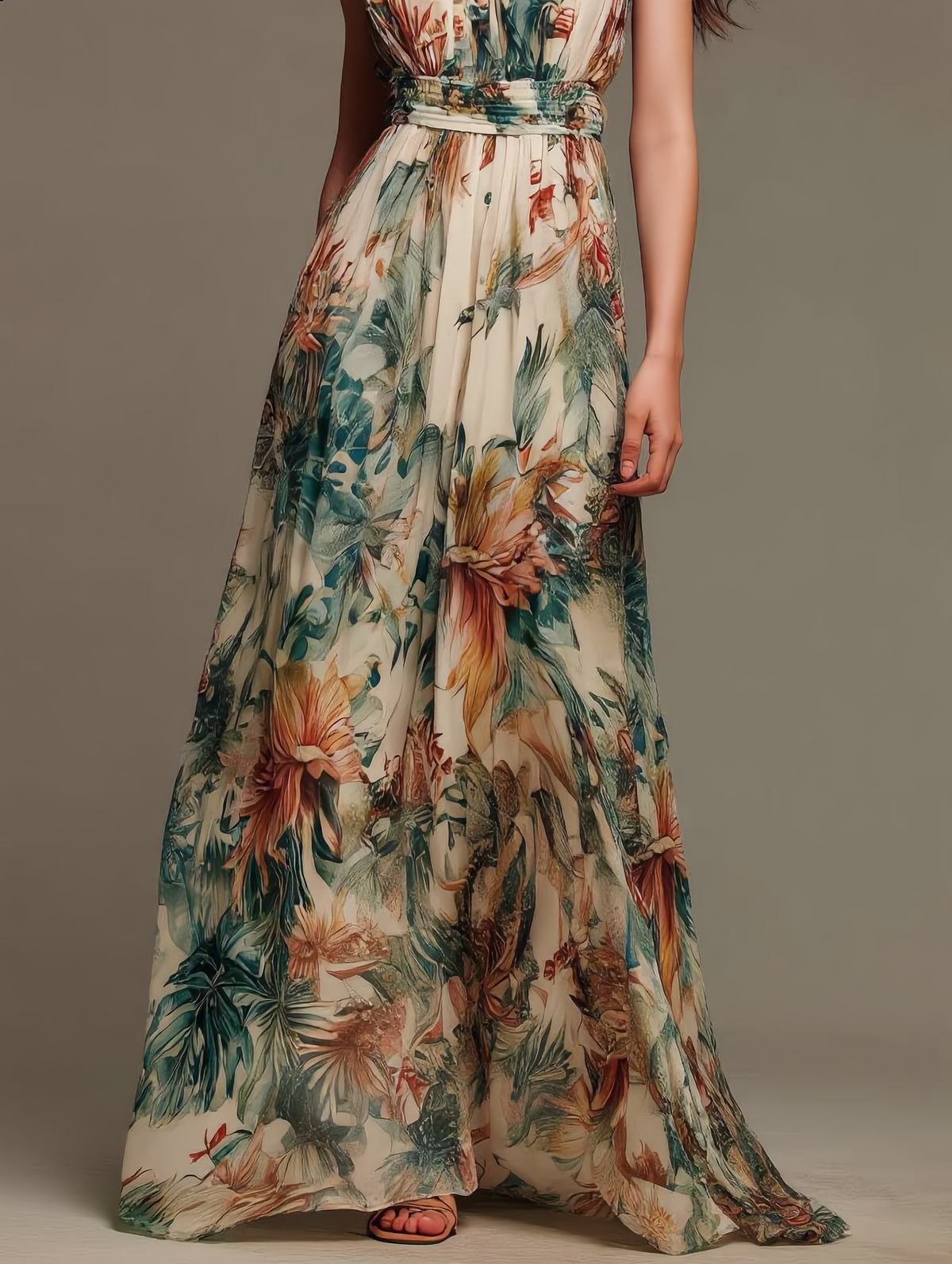 Tropical Floral Ruffle Cap Sleeve Belted Maxi Dress 3