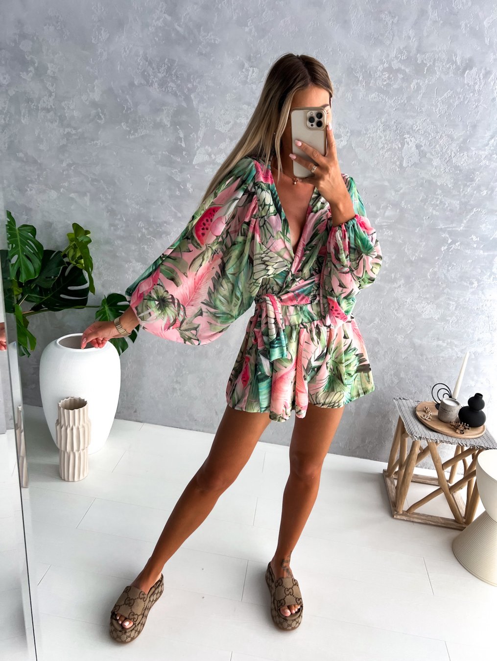 Floral Print Wrap Long Sleeve Ruffle A-Line Midi Dress - View 6