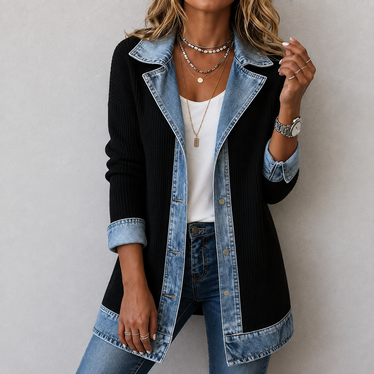 Denim Contrast Ribbed Knit Button Front Cardigan 4