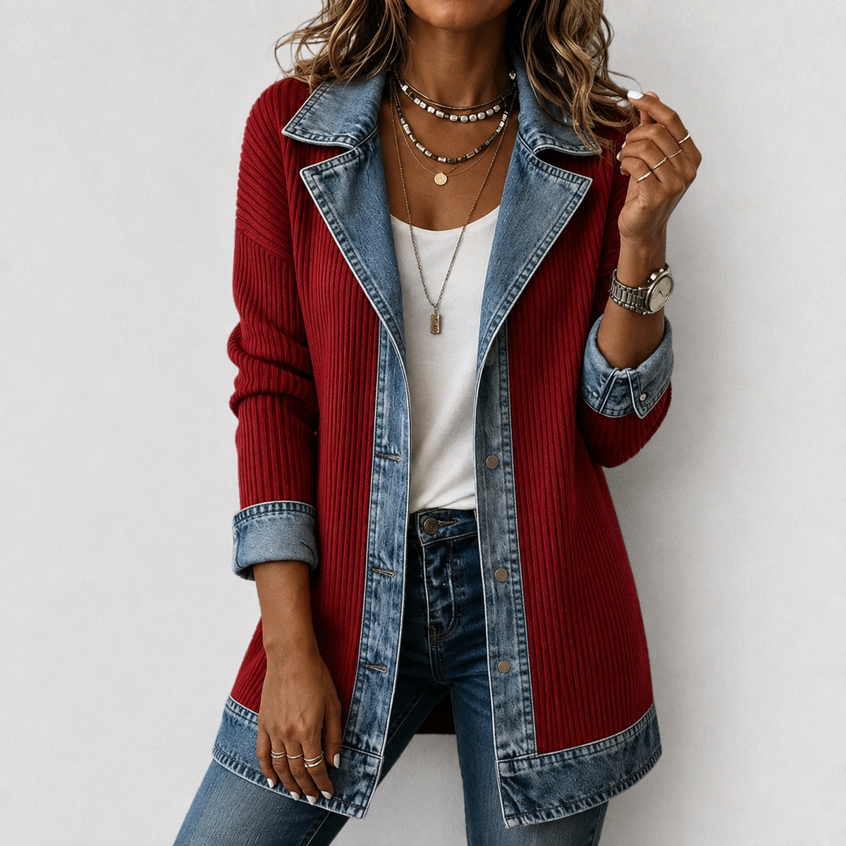 Denim Contrast Ribbed Knit Button Front Cardigan 6