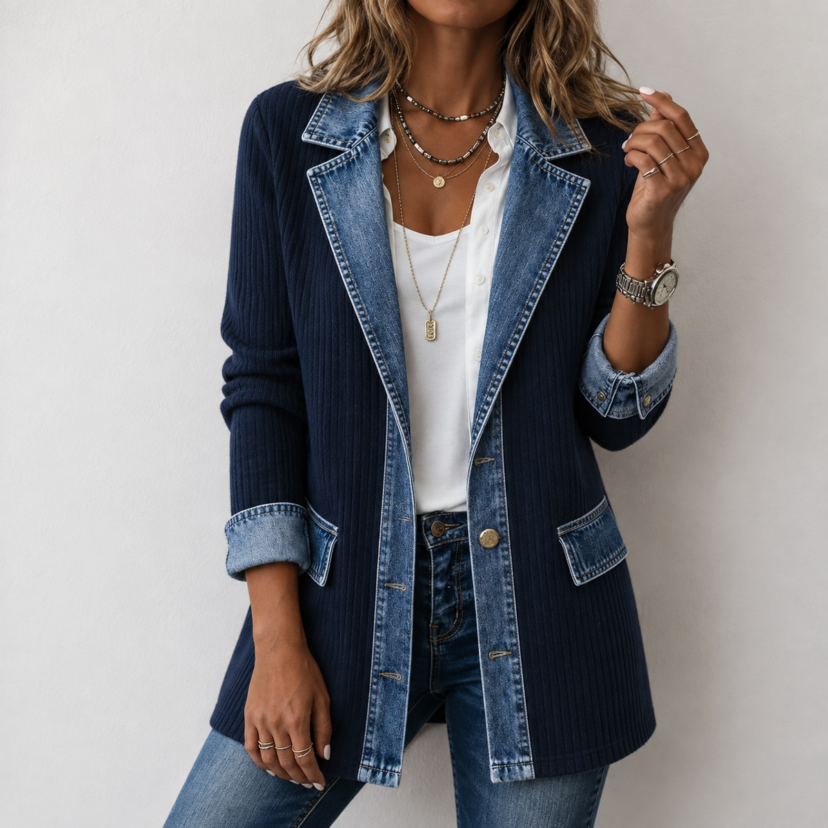 Denim Contrast Ribbed Knit Button Front Cardigan 7