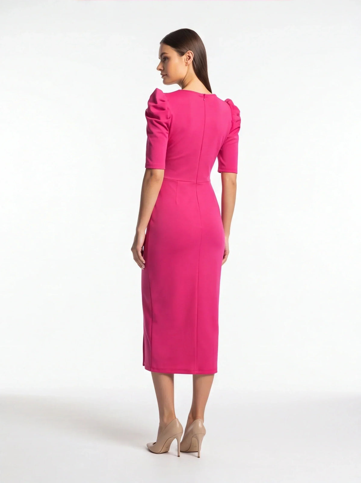 3D Floral Puff Sleeve Ruched High Split Bodycon Midi Dress - View 3