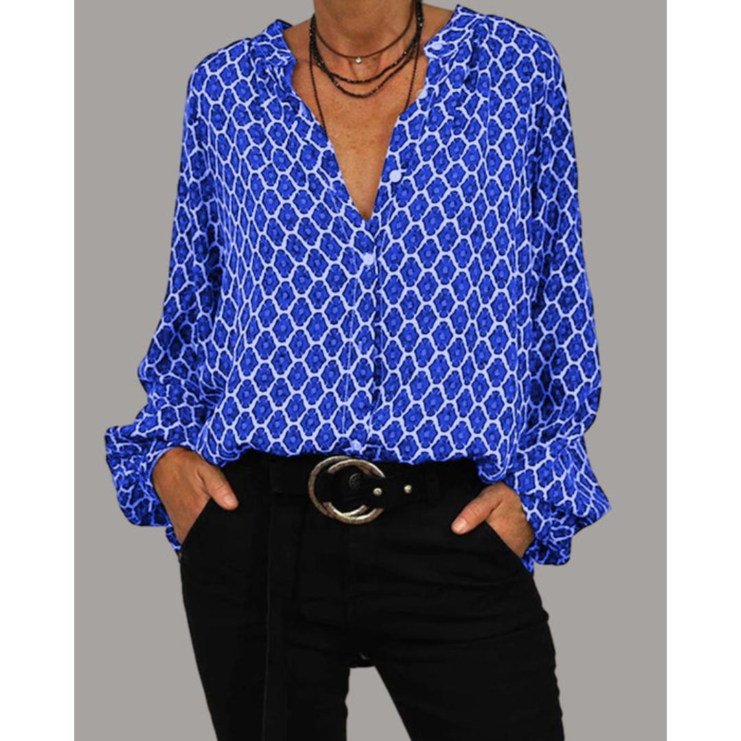 Geometric Print Split Neck Long Sleeve Blouse 7
